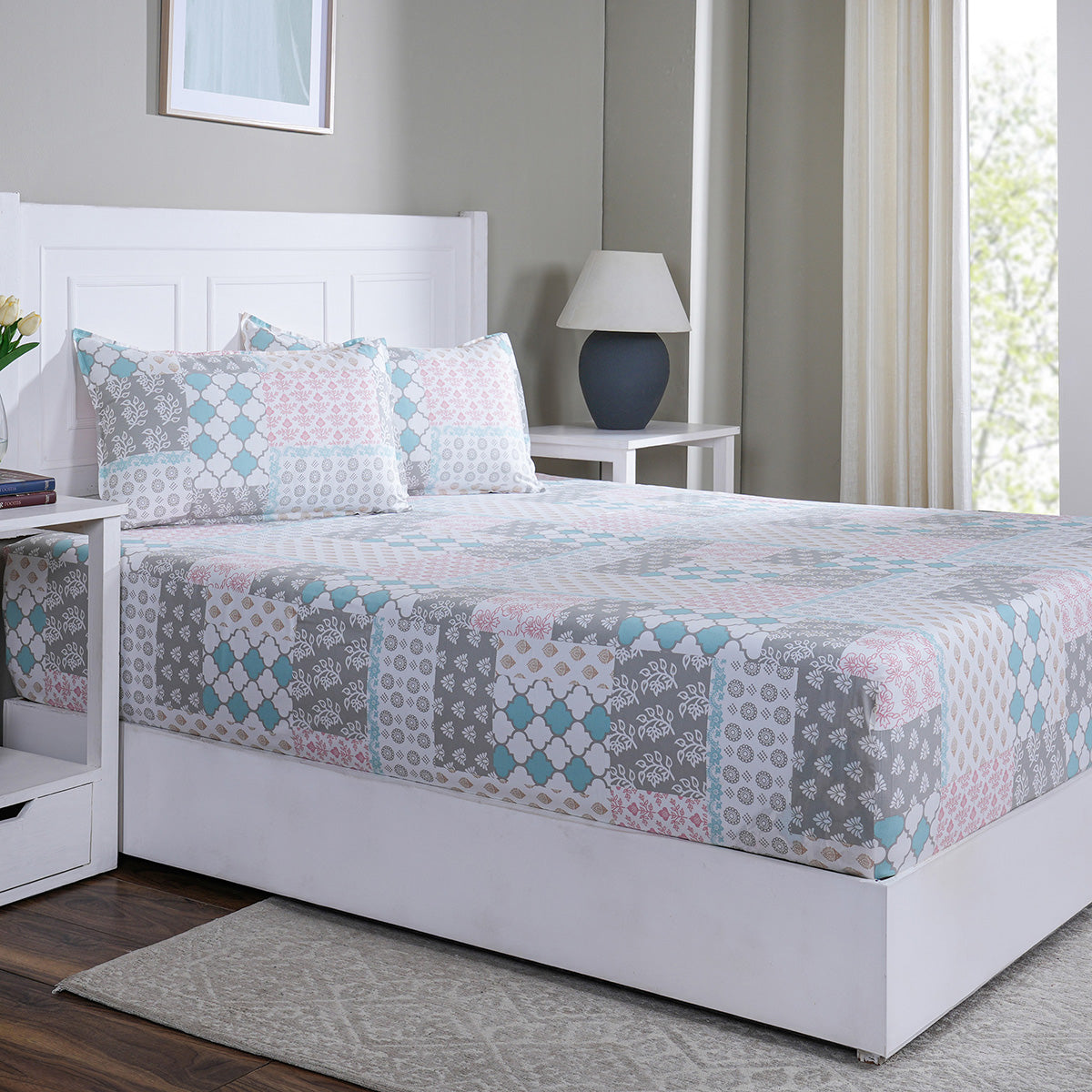 Hermosa Sensory Bloom Jude 100% Cotton Printed Fitted Sheet with Pillow Case Blue