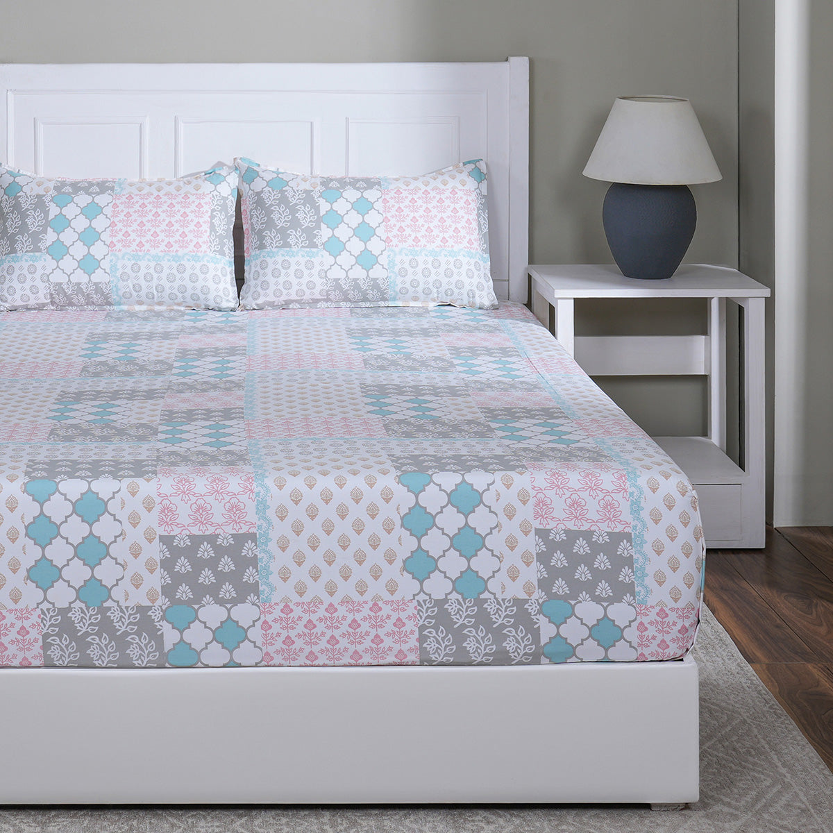 Hermosa Sensory Bloom Jude 100% Cotton Printed Fitted Sheet with Pillow Case Blue