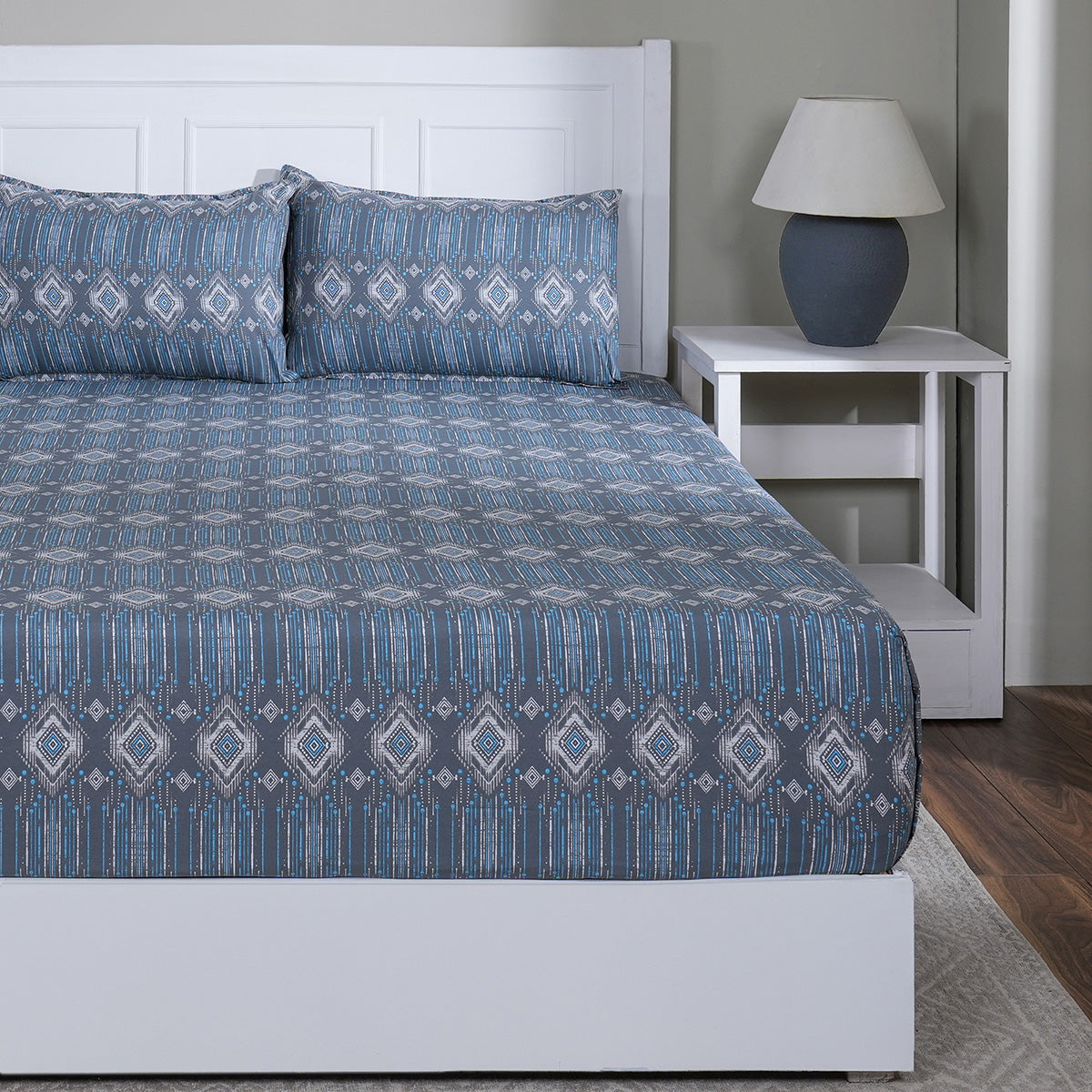 Hermosa Sensory Bloom  100% Cotton Printed Fitted Sheet with Pillow Case Blue