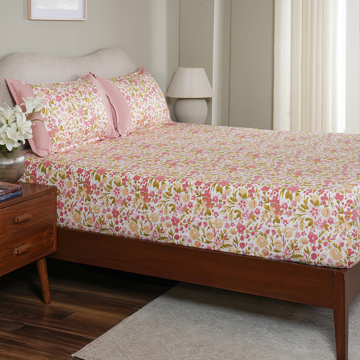 Sensory Bloom Zesty 100% Cotton Pink Fitted Sheet with Pillow Case