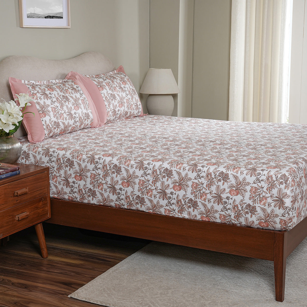 Sensory Bloom Fruity Foliage 100% Cotton Pink Fitted Sheet with Pillow Case