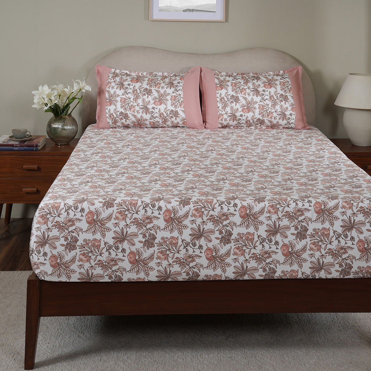 Sensory Bloom Fruity Foliage 100% Cotton Pink Fitted Sheet with Pillow Case