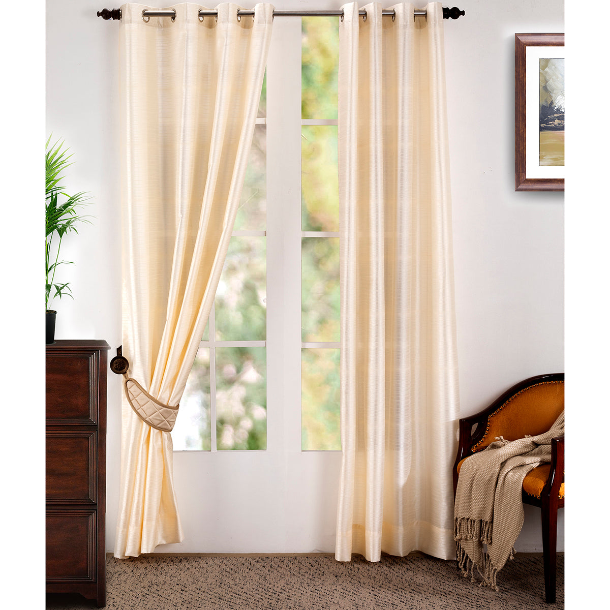 Graduated Stripe Solid 2PC Beige Curtain Set