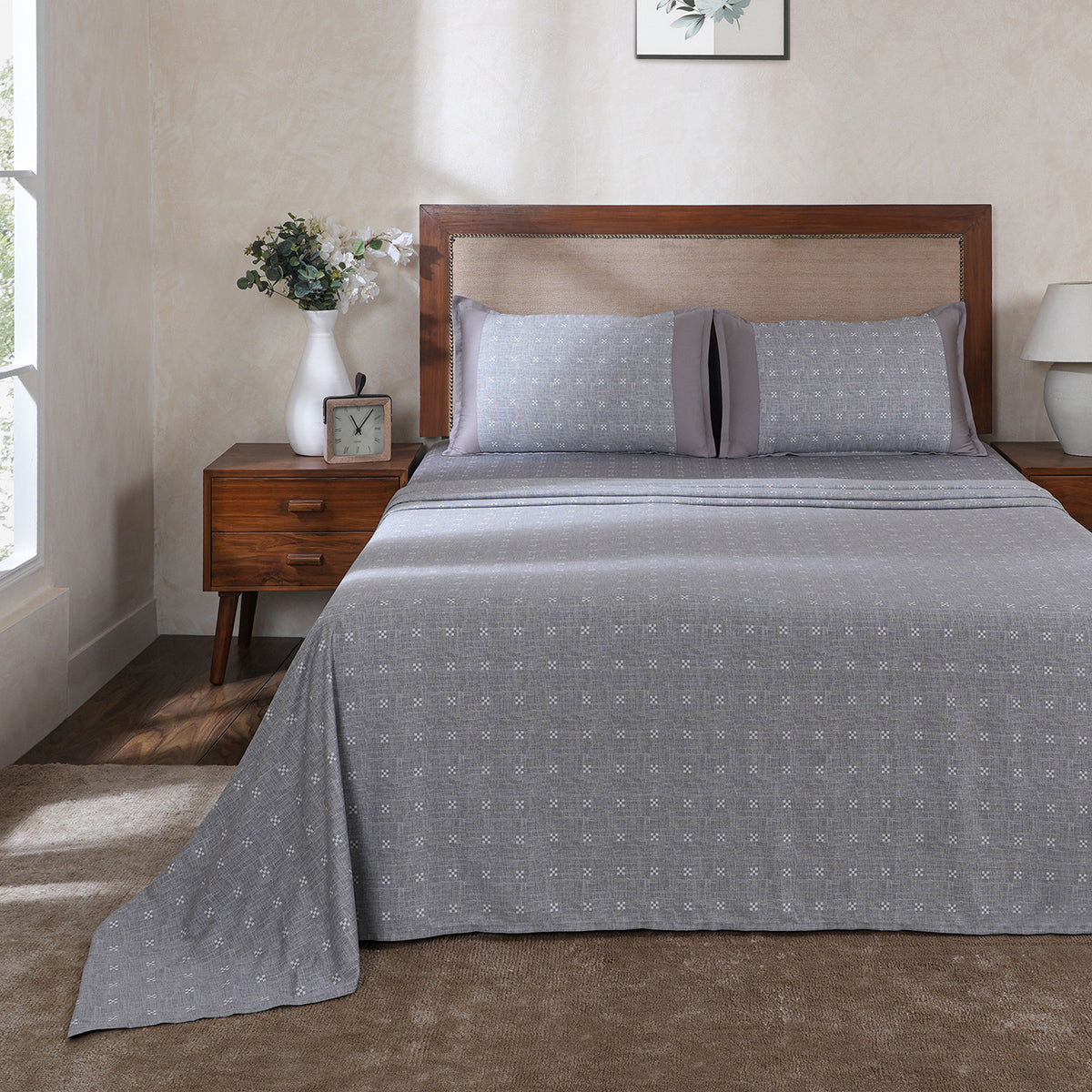 Hermosa Botanic Bloom Artisanal Aura 100% Cotton Printed Bedsheet with Pillow Case Grey