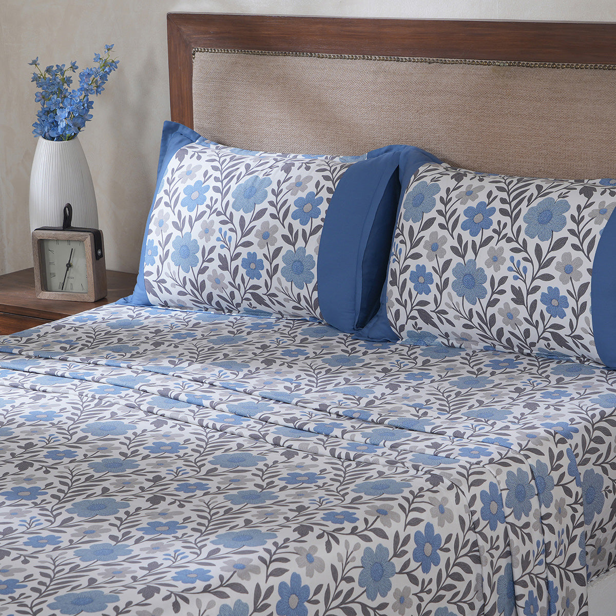 Hermosa Botanic Bloom Bloomscape 100% Cotton Printed Bedsheet with Pillow Case Dusty Blue