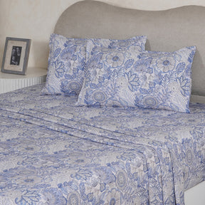 Hermosa Botanic Bloom Petaline 100% Cotton Printed Bedsheet with Pillow Case Blue Shadow