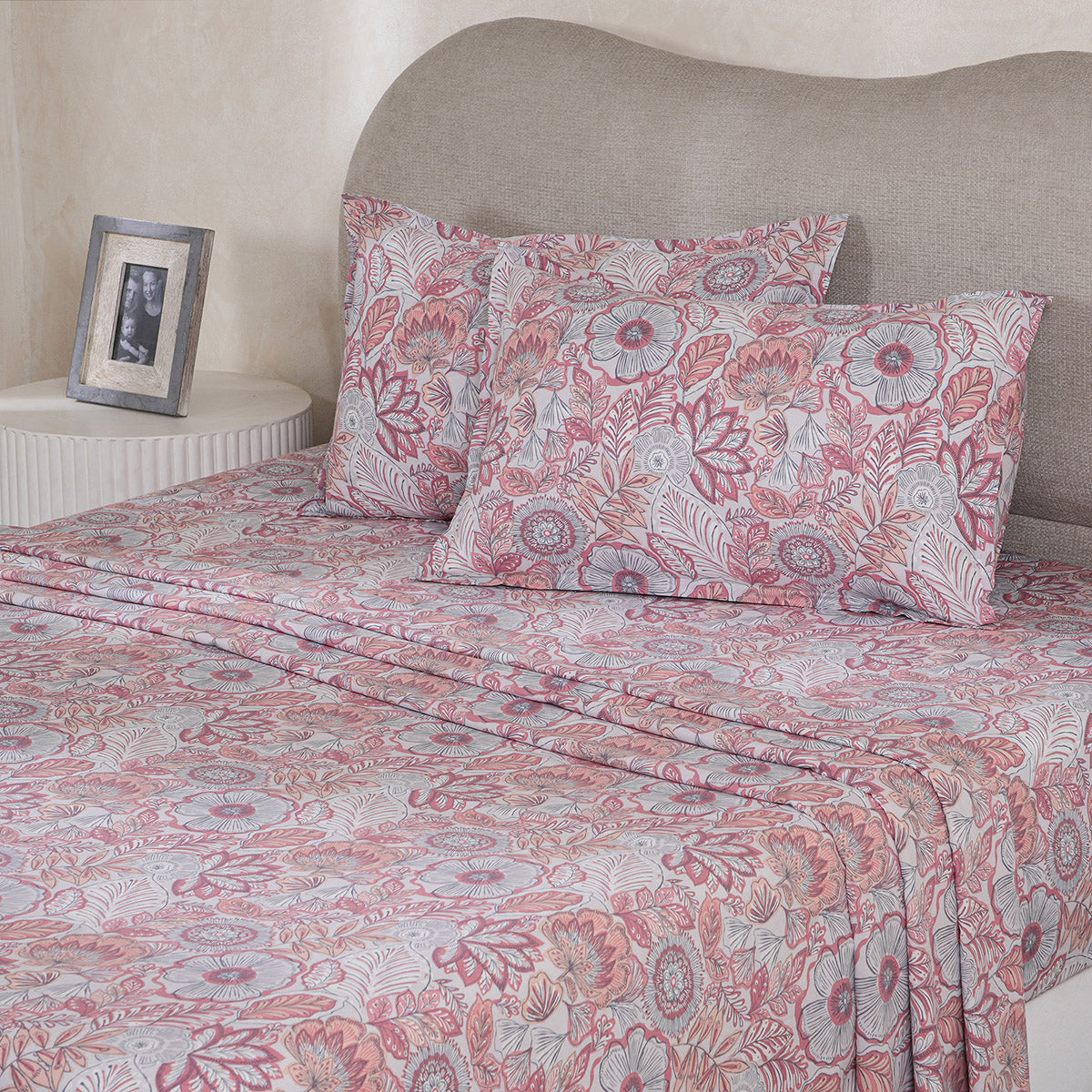 Hermosa Botanic Bloom Petaline 100% Cotton Printed Bedsheet with Pillow Case Old Rose