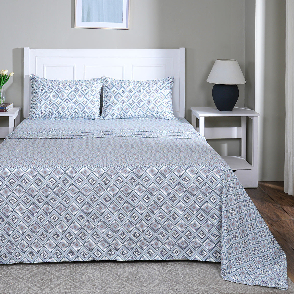 Hermosa Sensory Bloom Avery 100% Cotton Printed Bed Sheet with Pillow Case Blue