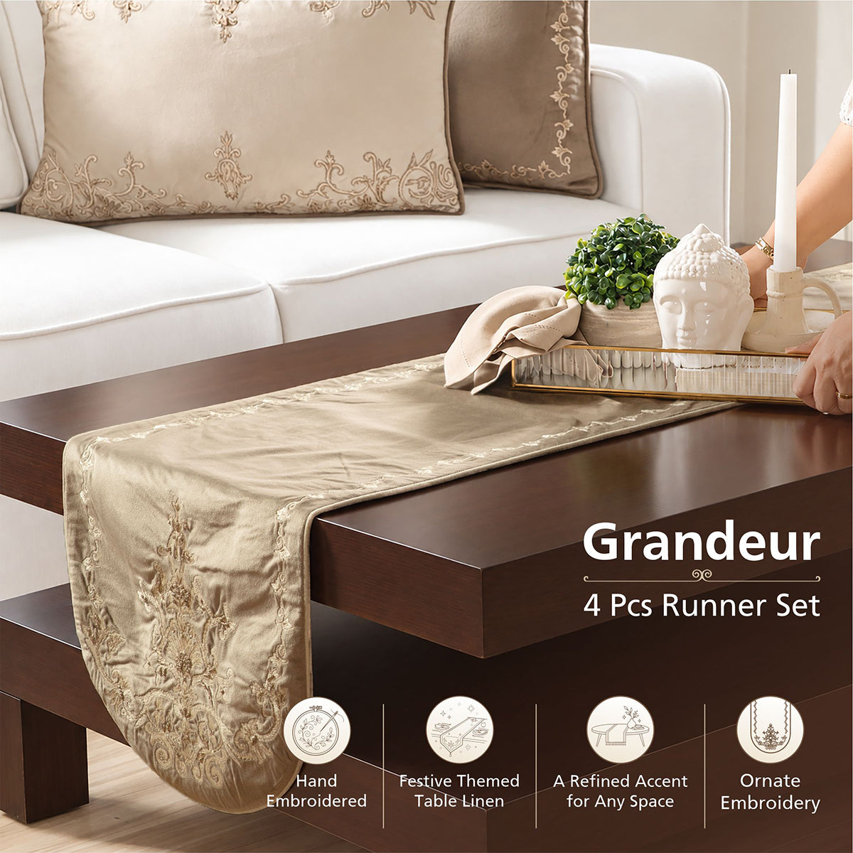 Maspar Grandeur 4Pcs Table Set Embroidered Hand Finished Brown