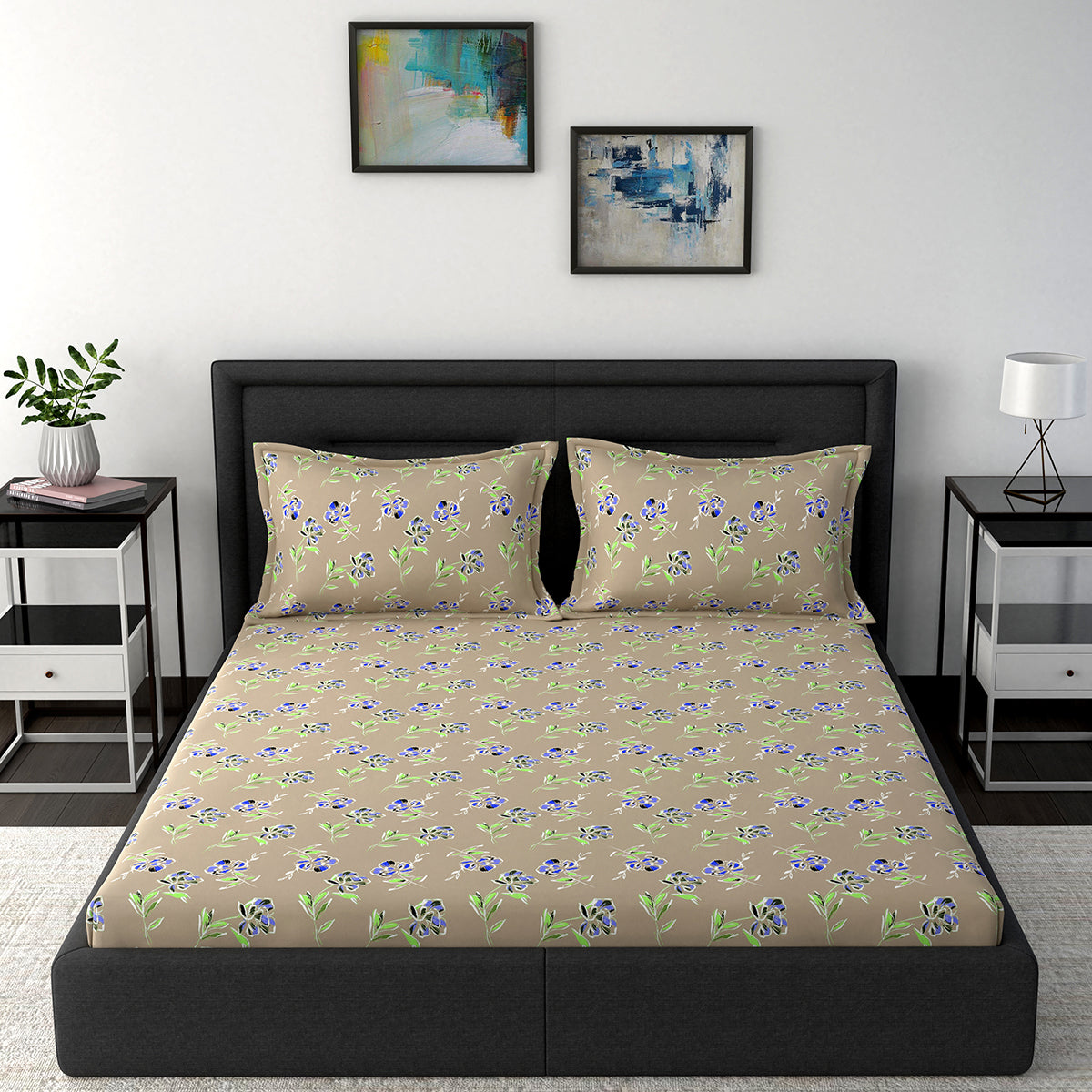 Modern Sanctuary Louisa Printed 144 TC 100% Cotton Beige Bed Sheet with Pillow Case