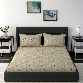 Modern Sanctuary Louisa Printed 144 TC 100% Cotton Beige Bed Sheet with Pillow Case