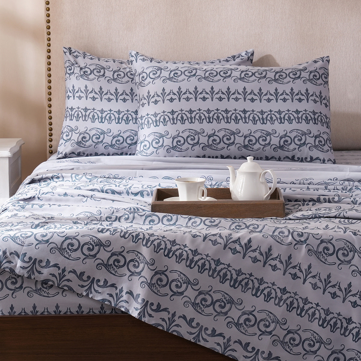 Ornamental Elegance Arablle 100% Cotton Bedsheet with Pillow Case Blue