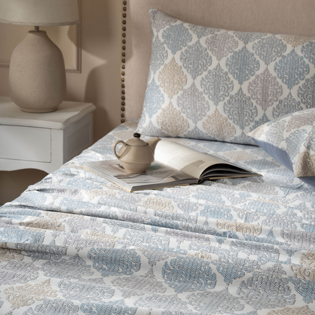 PBS Timeless Ornare 100% Cotton Bed Sheet with Pillow Case Blue