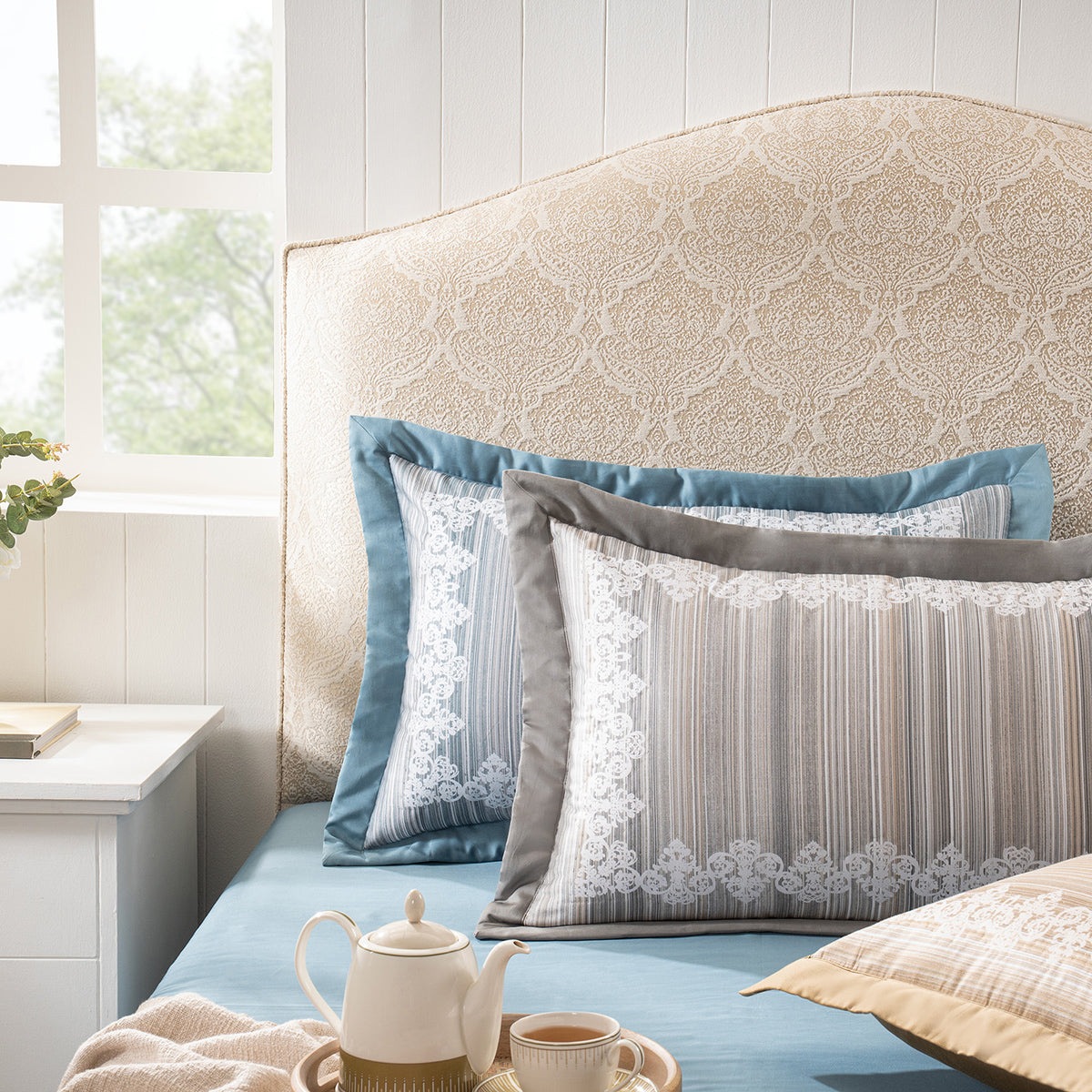 Pillow Sham Set 100% Cotton Grey Veloura Imperial Grace