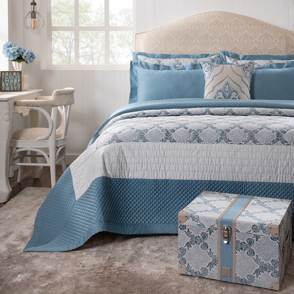 Quilt Set 100% Cotton 8Pcs Blue Damascene Imperial Grace