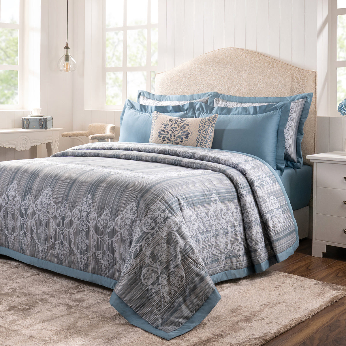 Quilt Set 100% Cotton 8Pcs Blue Veloura Imperial Grace