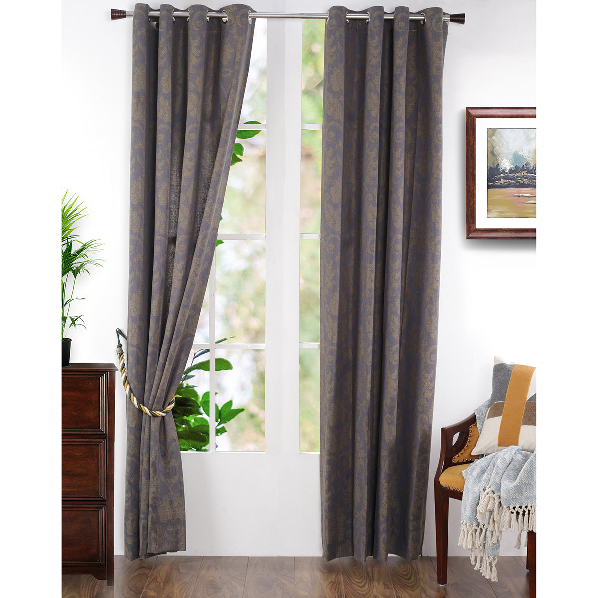 Spotted Damask Jacquard Blue Curtain Set
