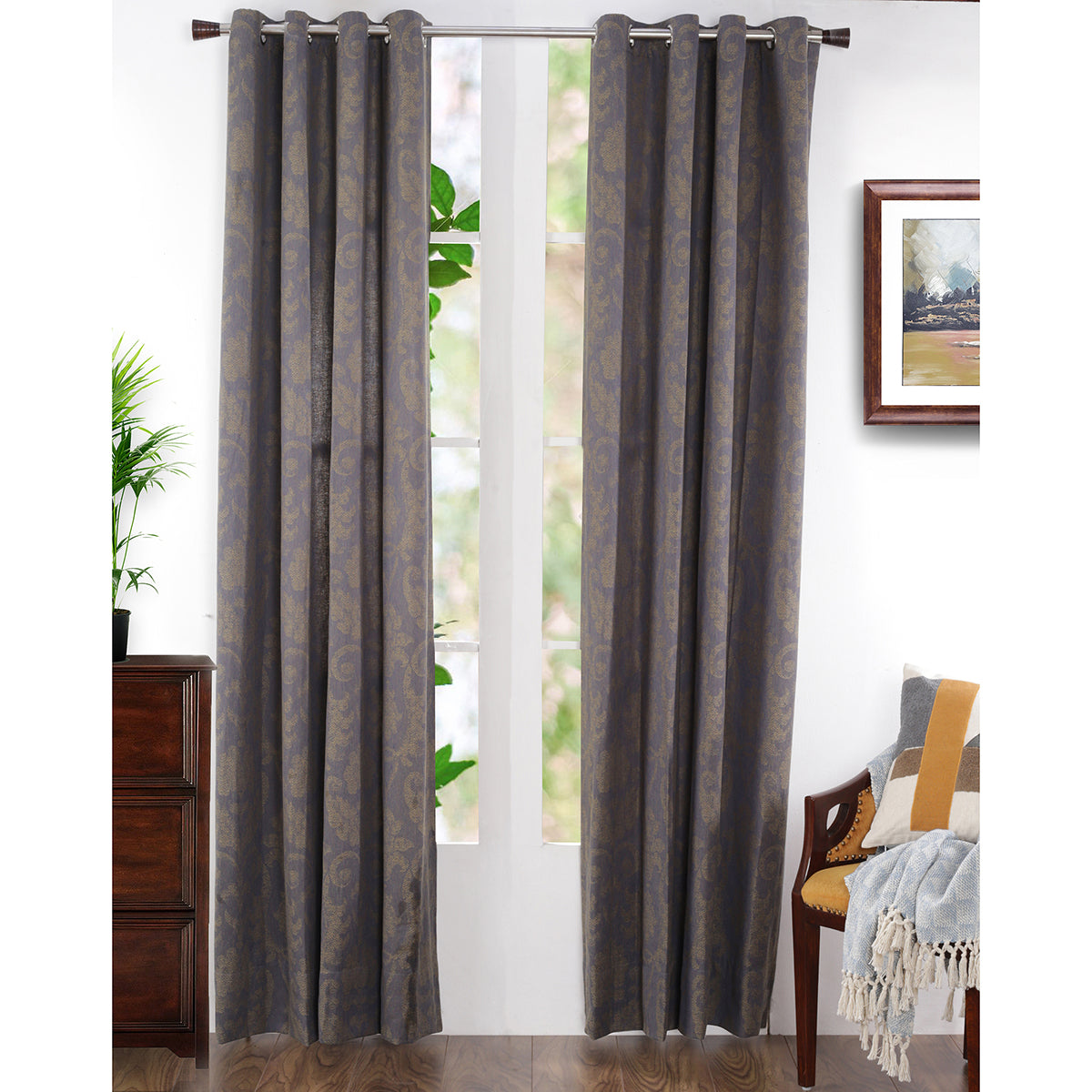 Spotted Damask Jacquard Blue Curtain Set