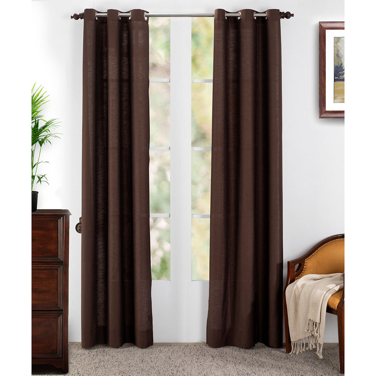 Tussah Silk Solid 2PC Brown Curtain Set
