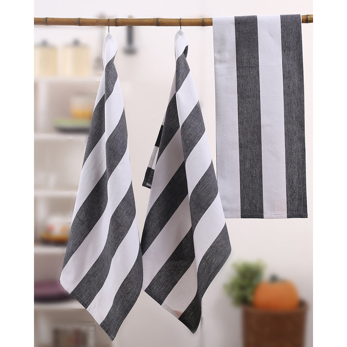 Chambry Bold Stripe 100% Cotton Super Absorbent White/Charcoal 3PC Kitchen Towel Set