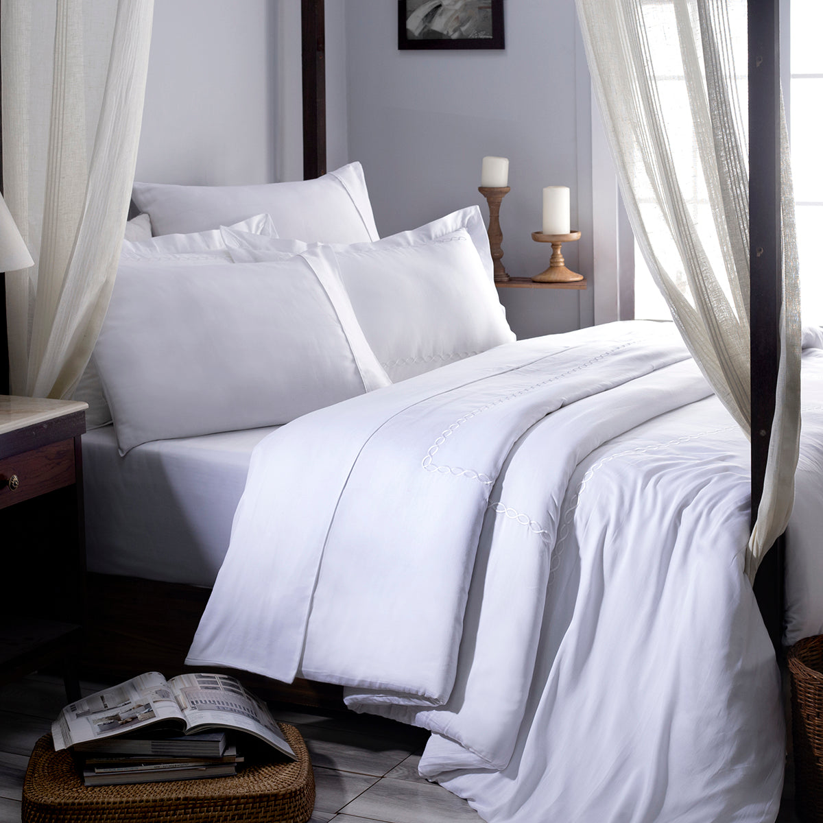 Luxe Leisure Chain Stitch Embroidery 100% Cotton Super Soft White Duvet Cover with Pillow Case