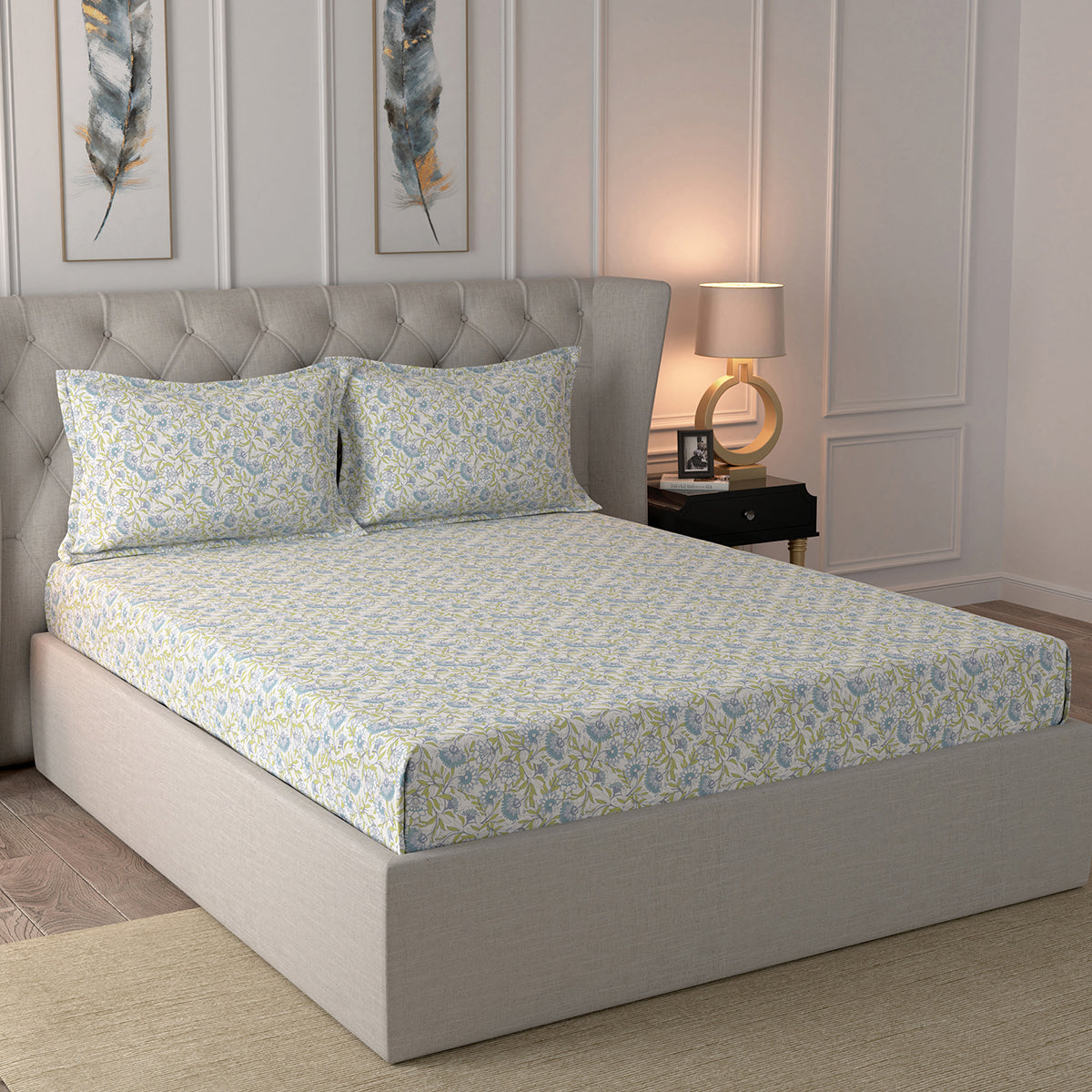 Glam Avondale Print 144TC Cotton Blue Bedsheet Set