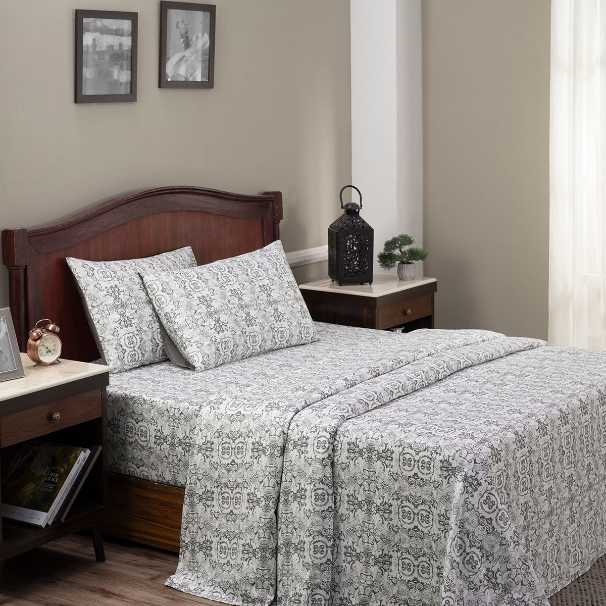 Regal Bliss Ellis Printed 100% Cotton Grey Ultra Soft Bed Sheet