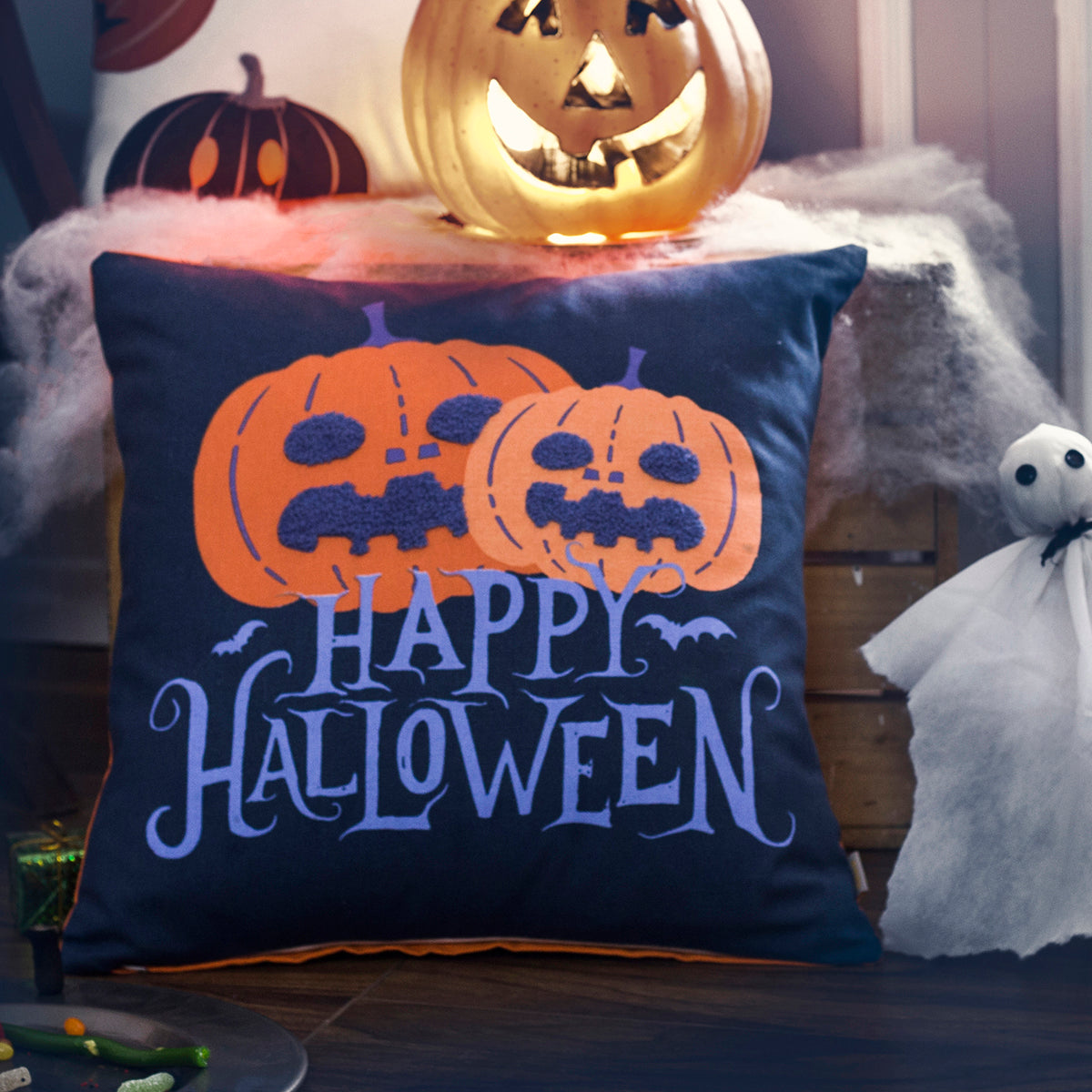 Halloween Happy Halloween Printed &amp; Embroidered 1 Pc Cushion Cover