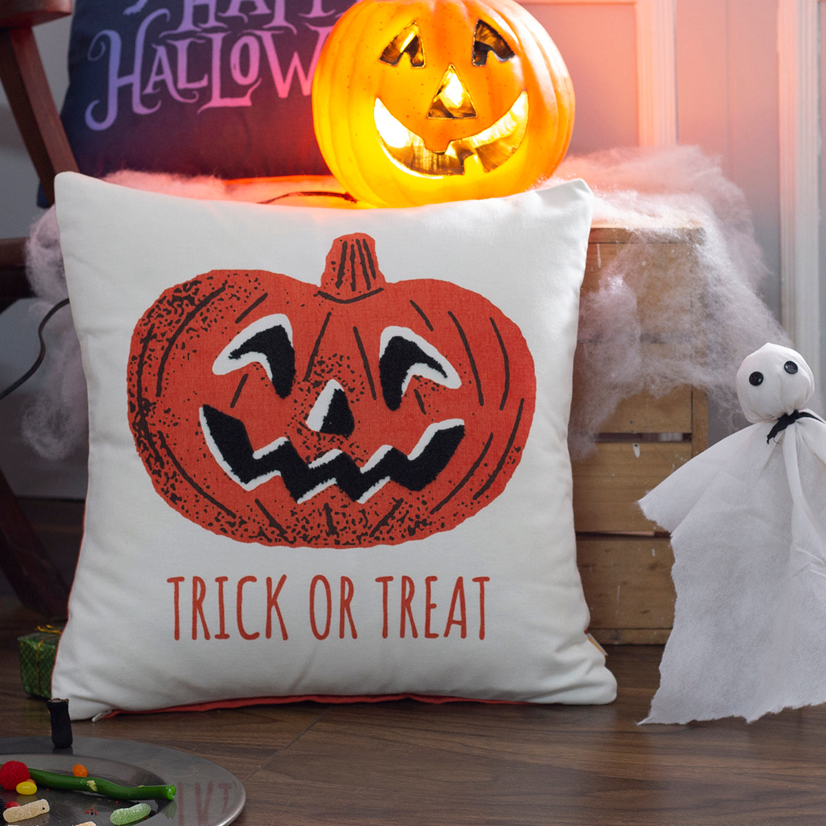 Halloween Trick or Treat Printed &amp; Embroidered 1 Pc Cushion Cover