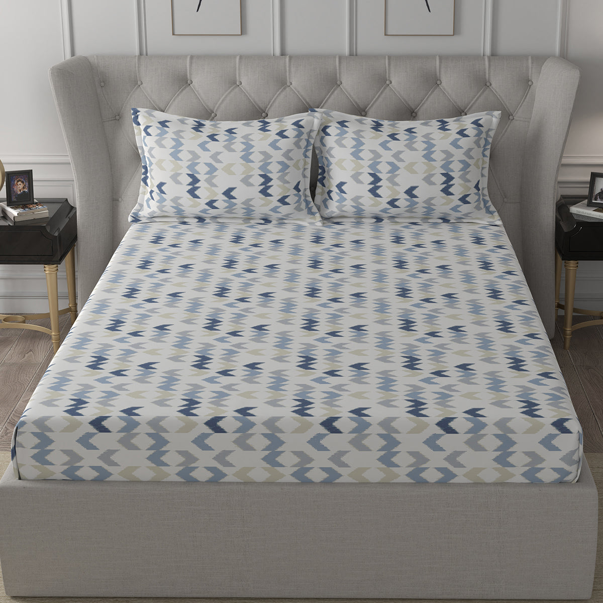 Inhouse Ardour Ingrid Printed 200 TC 100% Cotton Blue Bed Sheet