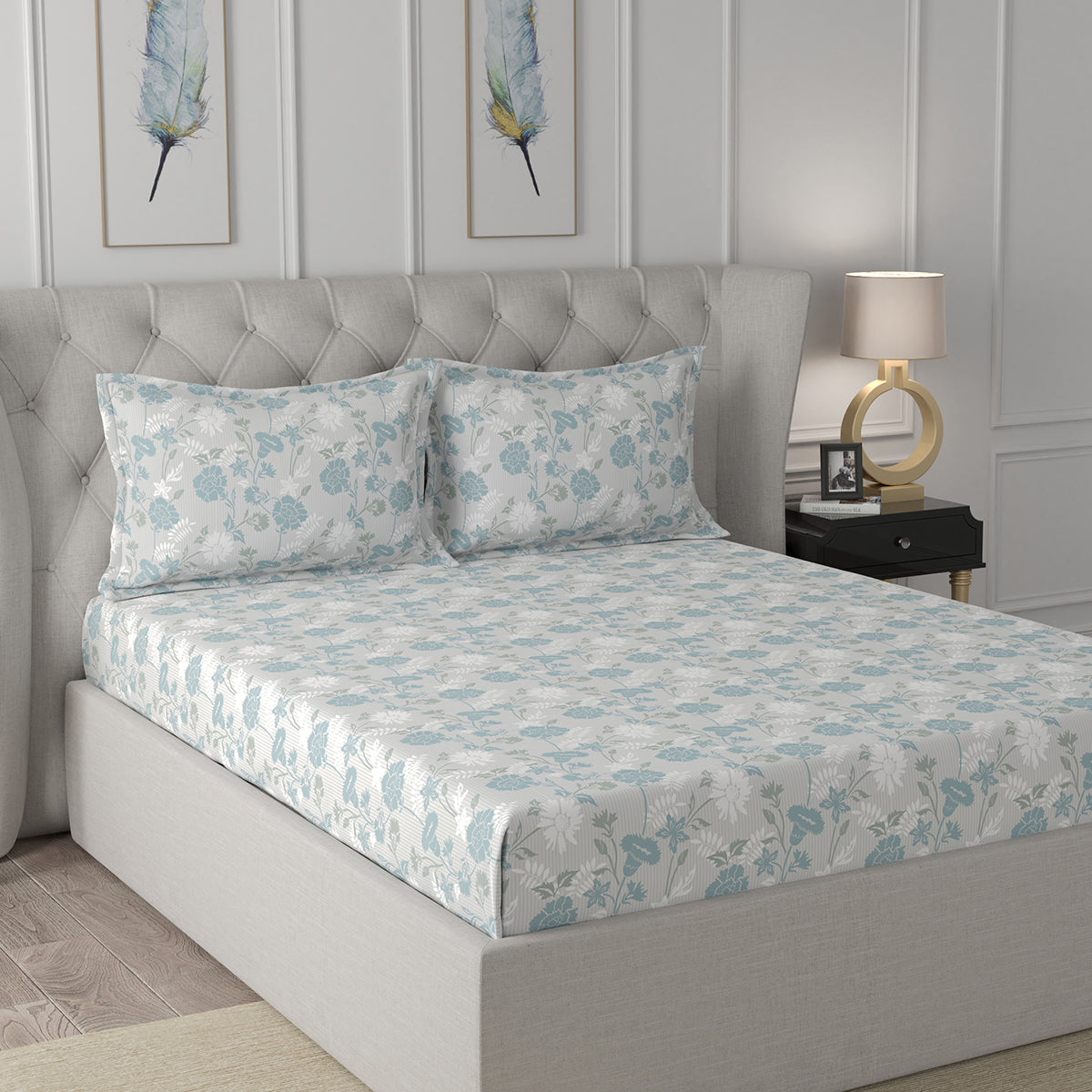 Florescence Briar Printed 100% Cotton Blue Bed Sheet