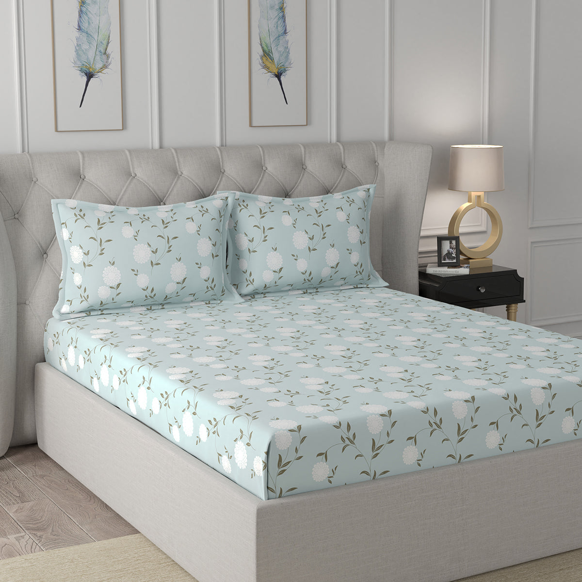 Florescence Chloe Printed 100% Cotton Blue Bed Sheet
