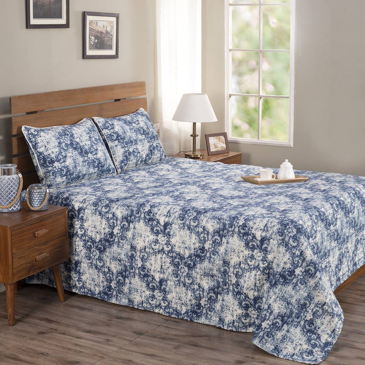 Rustic Clash Hyper Graphic Blue Printed 3 Pc Bed Cover Set