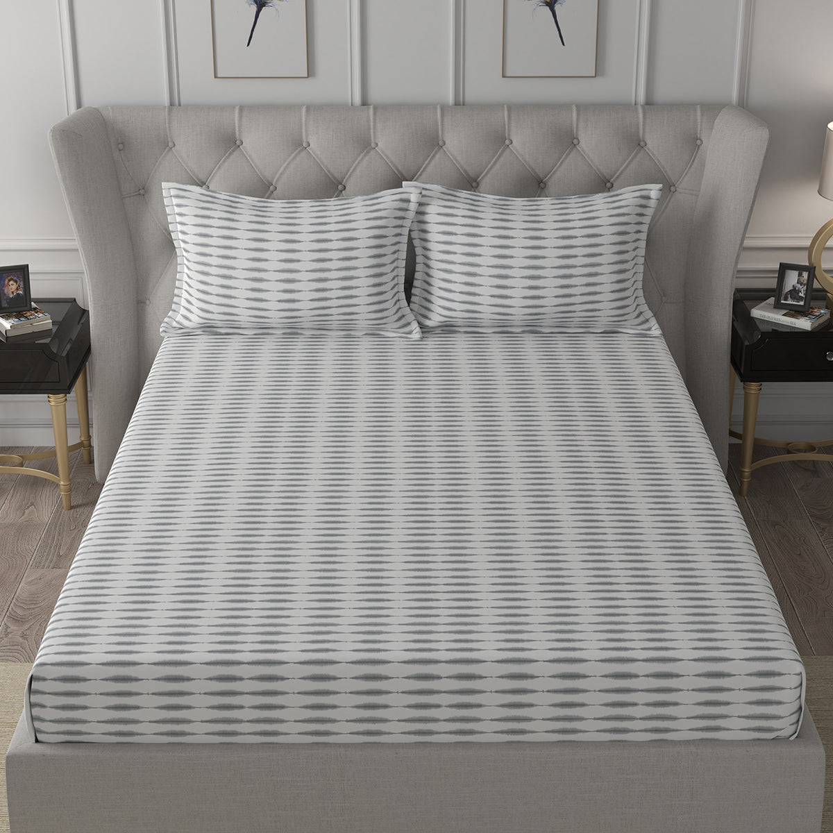 Backyard Patio Nova Printed 100%Cotton Grey Bed Sheet with Pillow Covers