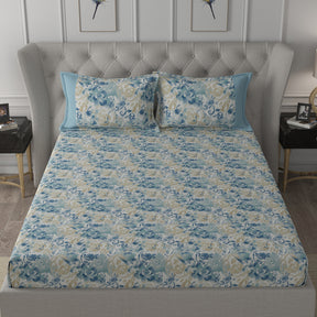 Backyard Patio Meridian Printed 100%Cotton Blue Bed Sheet with Pillow Covers