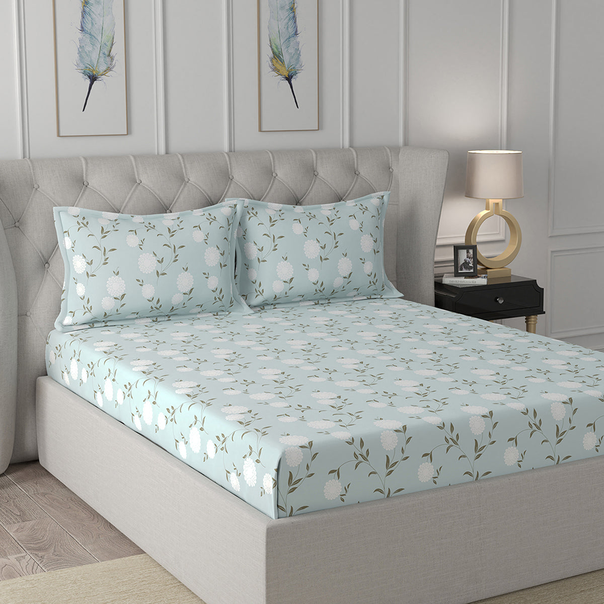 Florescence Chloe Print Blue Fitted Sheet With Pillow Covers