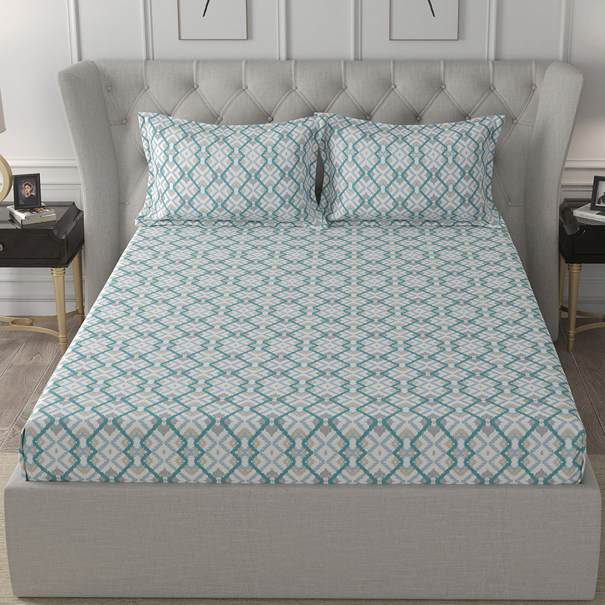 Florescence Cayden Print Blue Fitted Sheet With Pillow Covers