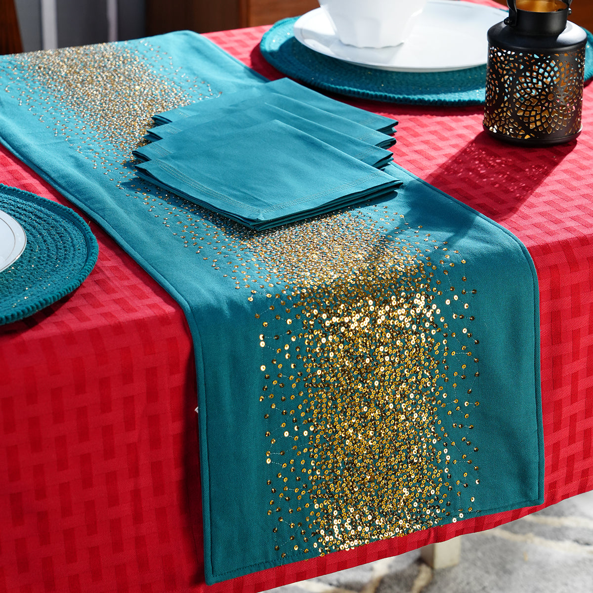 Dazzle Isabel Embroidery Teal 5PC Table Set With Box Packaging