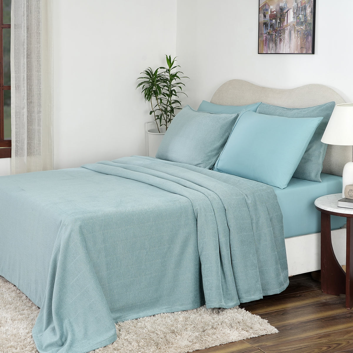 Caroline Woven Herringbone Pattern with Soft Drape Style Aqua Bed Cover/Blanket