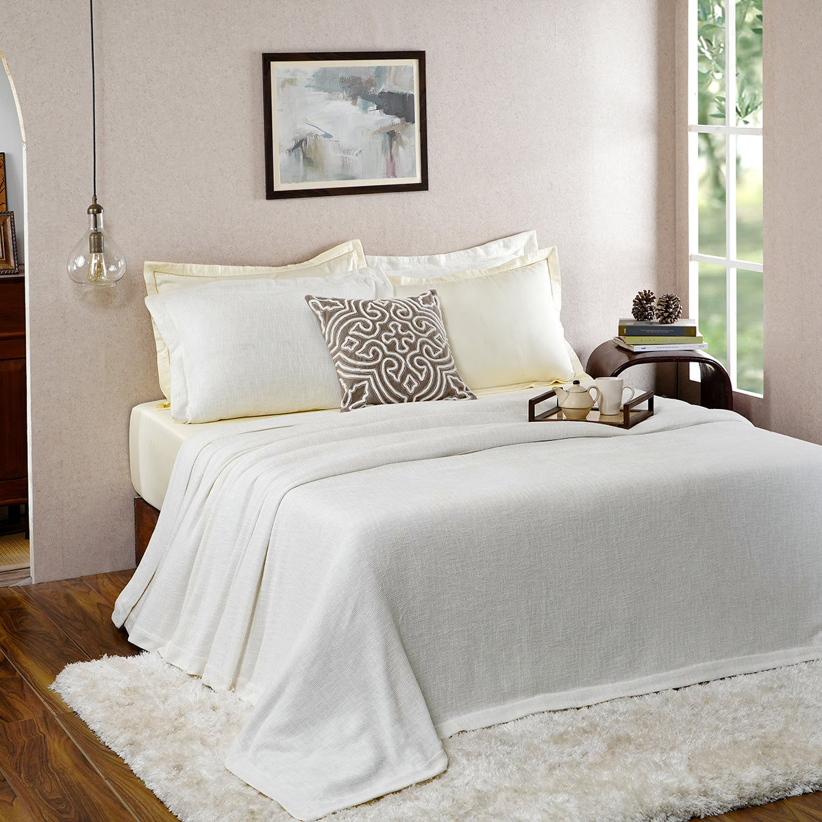 Tranquil Essence Burb Slub Viscose Blend Soft Weaved Off White 8 PC Bed Cover Set