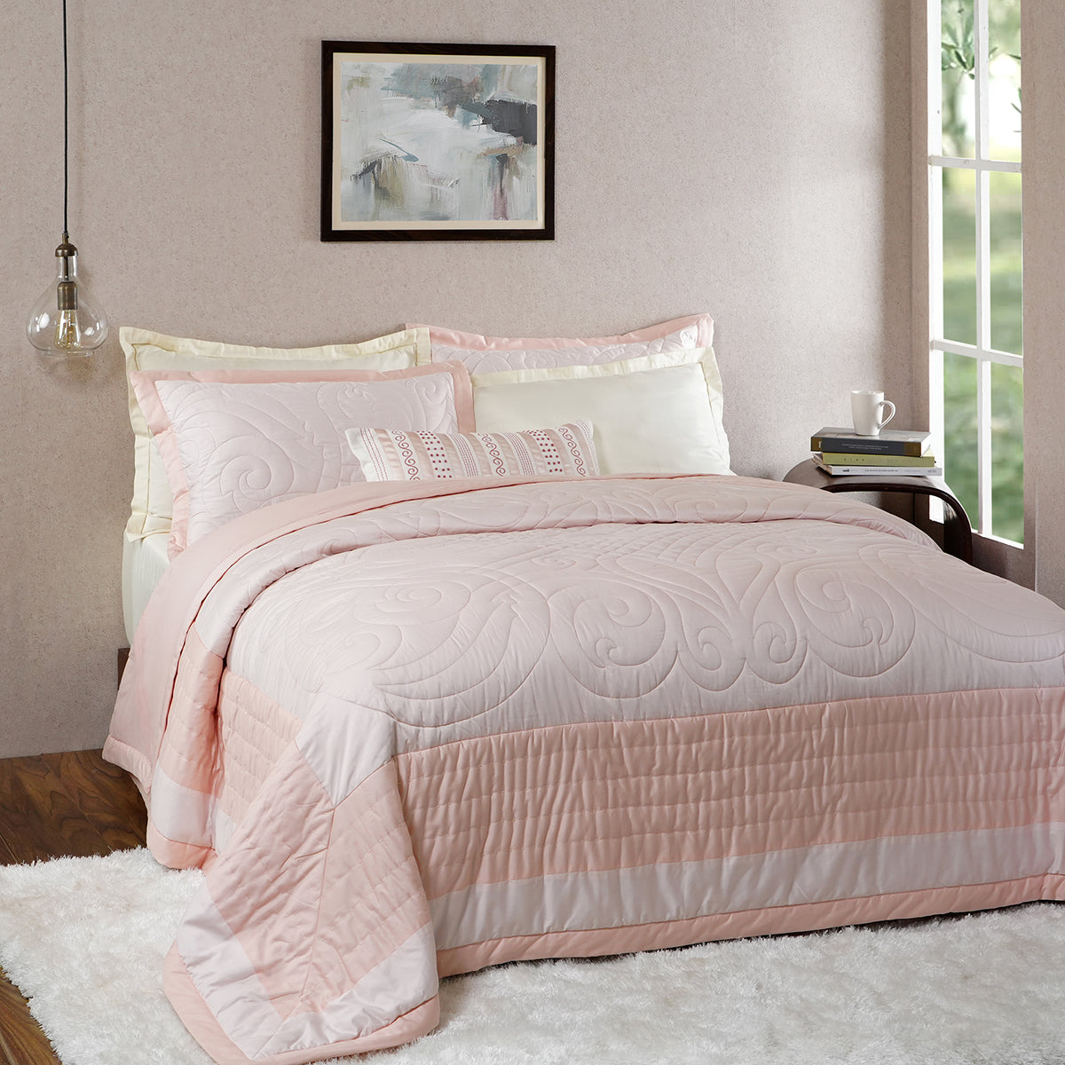 Tranquil Essence Cambric Lawn Peach 8 PC Quilt/Quilted Bed Cover Set