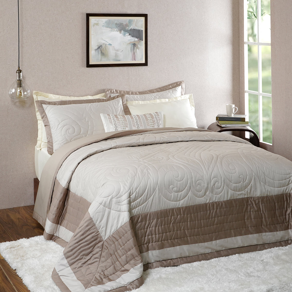 Tranquil Essence Cambric Lawn Beige 8 PC Quilt/Quilted Bed Cover Set