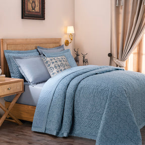 Exotic Heritage Leafy Swirl Blue 8PC Quilt/Quilted Bed Cover Set