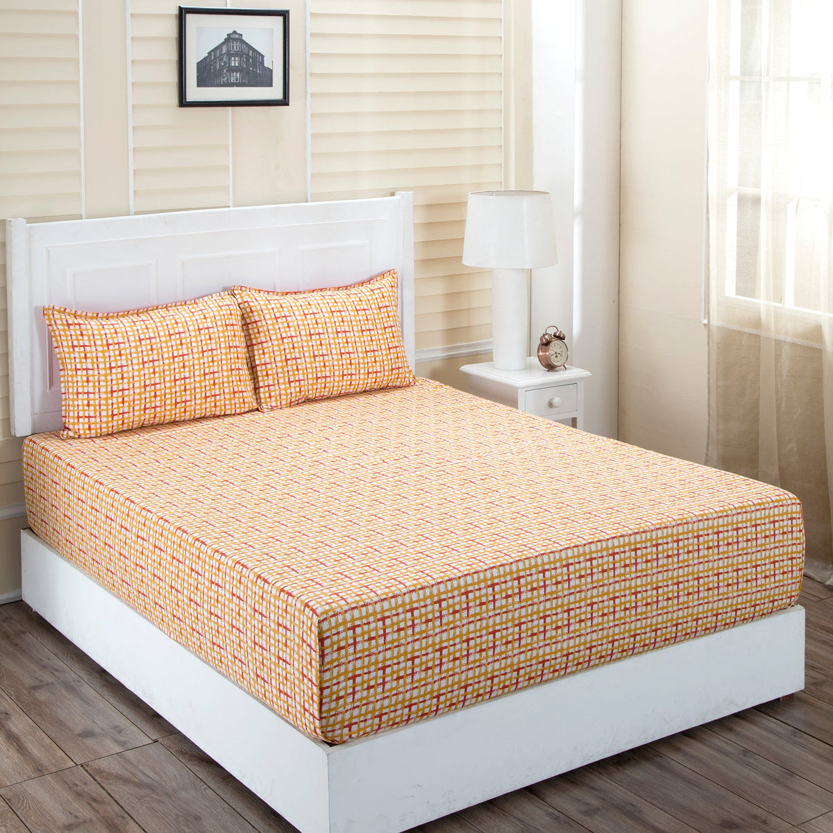 Donatella Breeze Printed 200 TC 100% Cotton Orange Bed Sheet