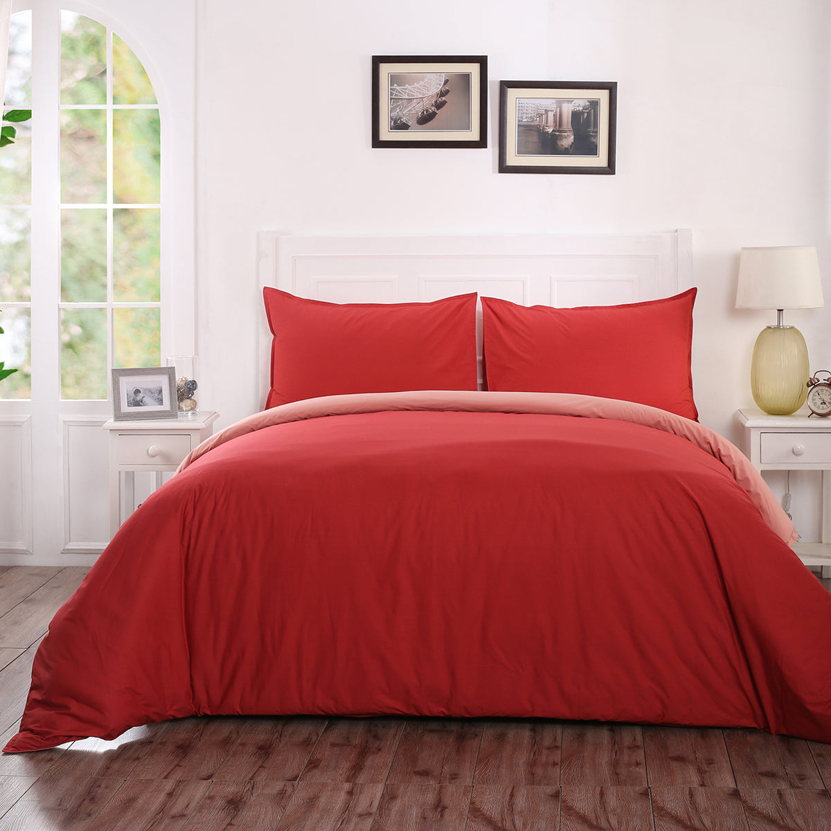 Hannah Percale 100% Cotton Reversible Easy Care Lacquer Red/Peach Blossom Duvet Cover with Pillow Case