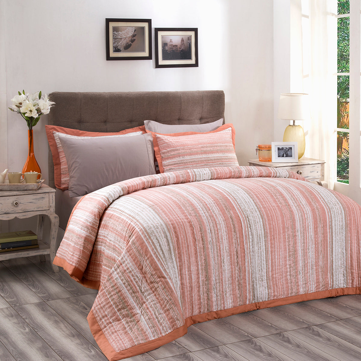Patina Impression Rugged Stripes Hand Quilted Summer AC Quilt/Quilted Bed Cover/Comforter Peach