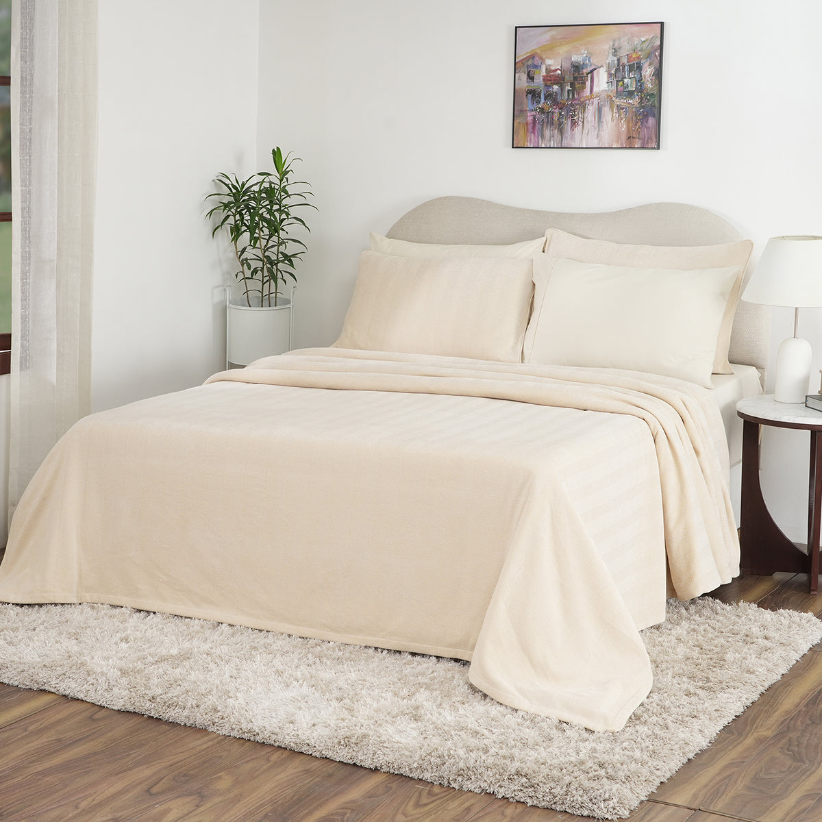 Caroline Woven Herringbone Pattern with Soft Drape Style Beige Bed Cover/Blanket