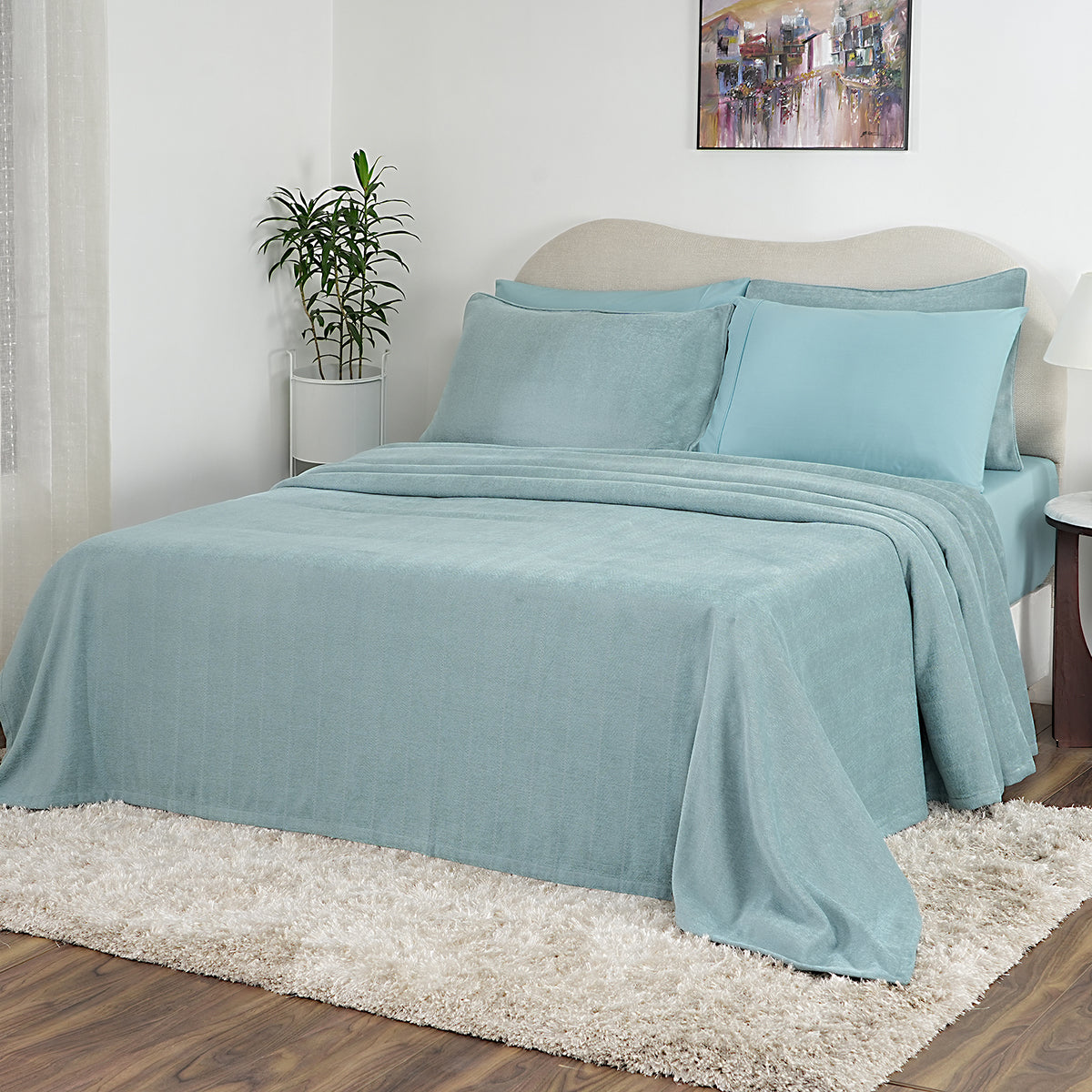 Caroline Woven Herringbone Pattern with Soft Drape Style Aqua Bed Cover/Blanket