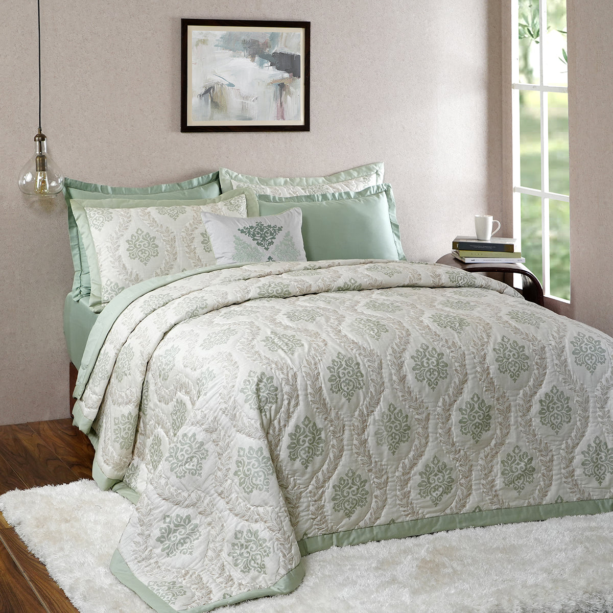 Tranquil Essence Lawn Leaflet Green 8 PC Quilt/Quilted Bed Cover Set