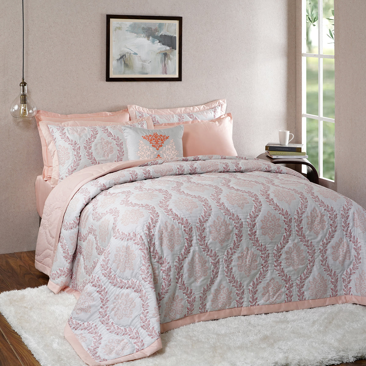 Tranquil Essence Lawn Leaflet Peach 8 PC Quilt/Quilted Bed Cover Set